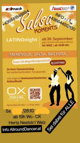 Ox Weiz Sa  Samstag 28.10.  MERENGUE, SALSA, BACHATA ab 19h Info 06644512100 Tanzabend  mit  AllroundDancer u.Justino