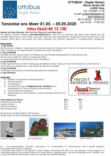 Tanzreise 1.5. bis 5.5. VRSAR Kroatien mit Otto Reisen jetzt anmelden 0316671155 mit AllroundDancer 06644512100 Andreas Fahrrad 