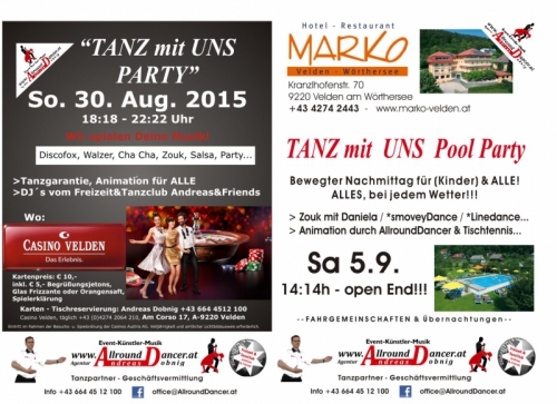 Hotel Marko Sa 5.9. ab 13h Casino_Velden TmU Party So 30.8 mit AllroundDancer