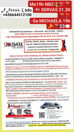 NBZ 14.7. Stockwerk Servas Info 06644512100 AllroundDancer werden Tanzpartner buchen