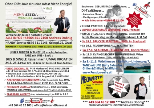 Flyer 2019 Mehr Essen weniger Wiegen 06644512100 Infos Bus Singelreise, NBZ, Castello, Pfaarball TaxiTänzer werden, Alpenf, See