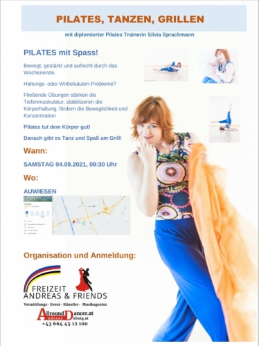 Pilates uns tanzen und grillen am 2. September 9: 30 bis 14 Uhr info unter 0664 45 12100