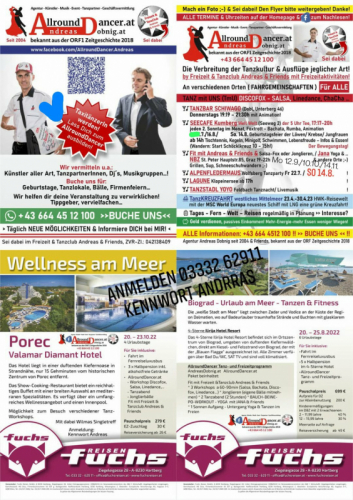 Flyer 202208 Bekannt aus der ORF Zeitgeschichte mit NBZ 12.9. vierseitig  Fuchs Reisen BIOGRAD Info +436644512100 und vieles