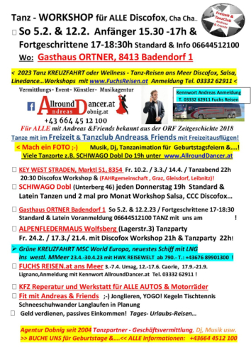 Gasthaus Ortner 12.2. um 15.30 Workshop und viele andere Orte mit AllroundDancer Info 06644512100 buche dir einen Taxitänzer