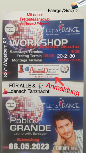 Latino 6.5.23 trifft Schlager im Lets Dance und Salsa Bachata Workshops mit AllroundDancer buch Taxitaenzer 06644512100