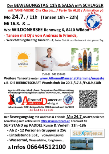 Der Bewegungstag 24.7. am Montag 11-22h Wildonersee  Info 06644512100 Tanzen ab 18h 