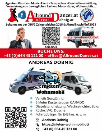 Visitenkarte AllroundDancer.at und Mieten-Wohnmobil.at Info +436644512100 mit Freizeit Tanzclub Andreas Friends 