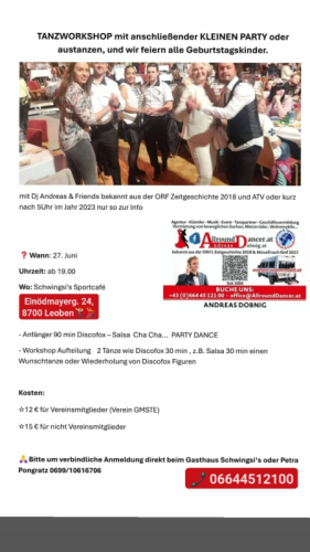 Leoben 27.6.25  Schwingsi Sportcafé Tanzworkshop mit Tanzparty Info 06644512100