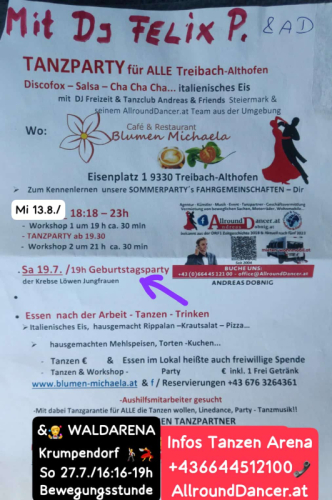 Blumen Restaurant Michaela Altenhofen 19.7. u. Mi 13.8../18h mit AD Tanzparty Workshop 06644512100 Buche DJ u. Tanzpartner