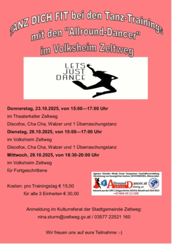 Zeltweg Tanztaining vom 23. Bis 29.10.25 fuer ALLE Discofox Walzer Salsa  Info 06644512100 auch ohne TanzpartnerIn