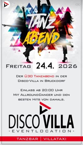 Disco Villa 24.4.2026 Freitag mit AllroundDancer Info +436644512100 Tanzpartner
