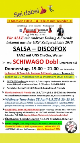 Tanzbar Schiwago jeden Donnerstag um 19h , Seecafe Kumberg So Termine, Wellness  Tanzen ans Meer 2022 Mehr Info 06644512100