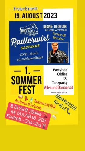 Radlerwirt  Werndorf 29.8. u 13.10.Tanzen u. 18.Livemusik AllroundDancer  06644512100 buche diinen Tanzpartner u. Künstler 