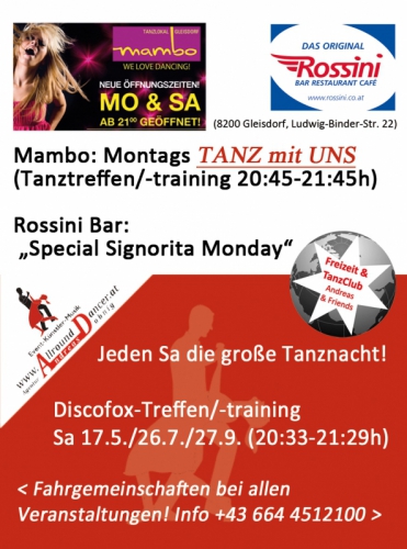 10Jahre AllroundDancer mit Mambo Rossini Tanz mit uns von 20:45-2:22h!2Eingänge, 2Tanzbereiche,Dj´s mit Signorita Monday Rossini