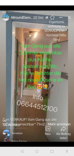 Wohnung Körösistr. Gang alle 3 Zimmer plus Küche Vorraum Bad Wc begehbar 71,16m2 Infos 06644512100